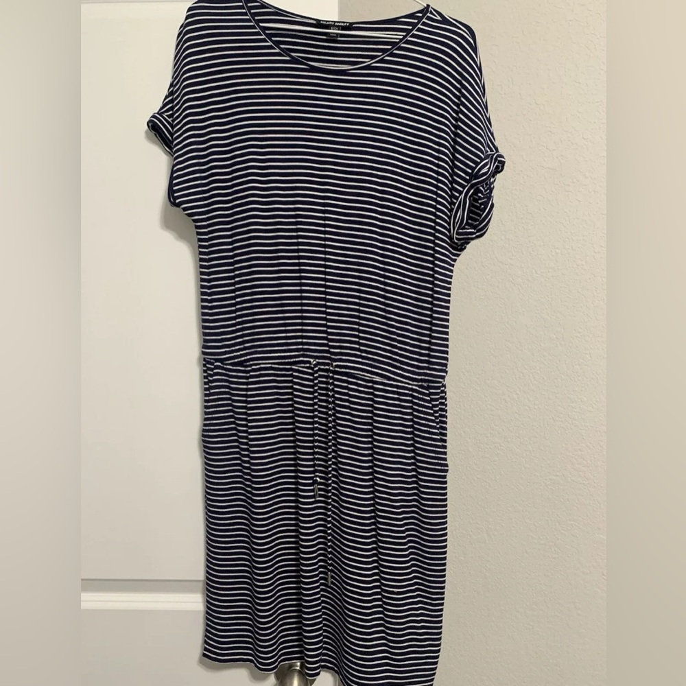Hilary Radley‎ Blue/White Stripe Dress Short Sleeve Drawstring Waist Size Small